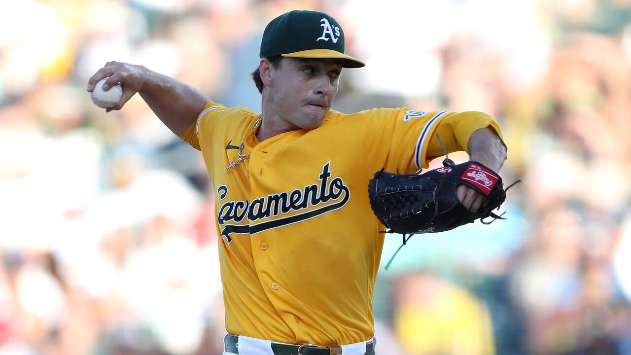 SACRAMENTO, CALIFORNIA - JULY 18: J.T. Ginn #35 of the Athletics pitches during the top of the first inning against the Washington Nationals at Sutter Health Park on July 18, 2026 in Sacramento, California.