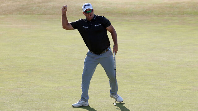 SOUTHPORT, ENGLAND - JULY 19: Ryan Fox of New Zealand celebrates victory following birdie putt on the 18th green on day four of the The 154th Open Championship at Royal Birkdale on July 19, 2026 in Southport, England.