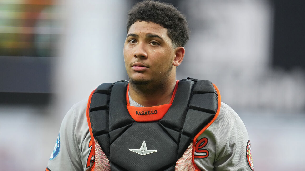 CINCINNATI, OHIO - JULY 03: Catcher Samuel Basallo #29 of the Baltimore Orioles looks on during a baseball game against the Cincinnati Reds at Great American Ball Park on July 03, 2026 in Cincinnati, Ohio.