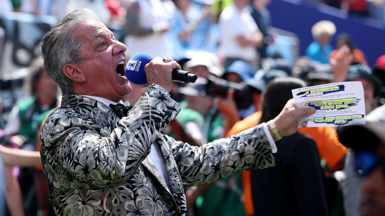 EAST RUTHERFORD, NEW JERSEY - JULY 19: American announcer Bruce Buffer announces before the FIFA World Cup 2026 Final match between Spain and Argentina at New York New Jersey Stadium on July 19, 2026 in East Rutherford, New Jersey.