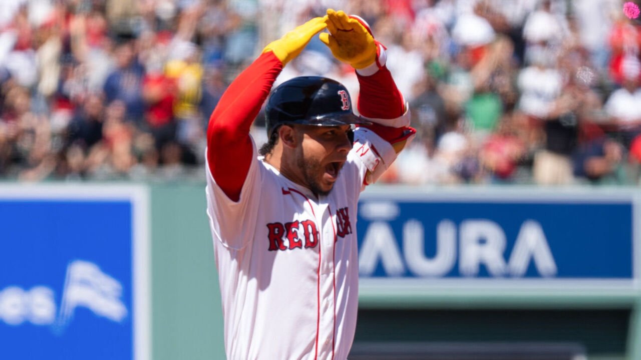 BOSTON, MA - JULY 19: Willson Contreras #40 of the Boston Red Sox celebrates as he rounds the bases after hitting a two-run home run in the fifth inning during the game between the Tampa Bay Rays and the Boston Red Sox at Fenway Park on Sunday, July 19, 2026 in Boston, Massachusetts.