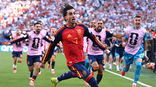 EAST RUTHERFORD, NEW JERSEY - JULY 19: Ferran Torres #7 of Spain celebrates scoring his team's first goal during the FIFA World Cup 2026 Final match between Spain and Argentina at New York New Jersey Stadium on July 19, 2026 in East Rutherford, New Jersey.
