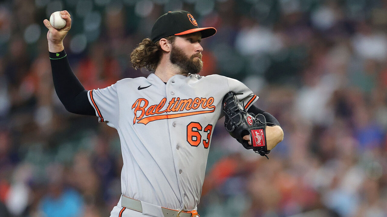 HOUSTON, TEXAS - JULY 19: Brandon Young #63 of the Baltimore Orioles pitches during the first inning against the Houston Astros at Daikin Park on July 19, 2026 in Houston, Texas.
