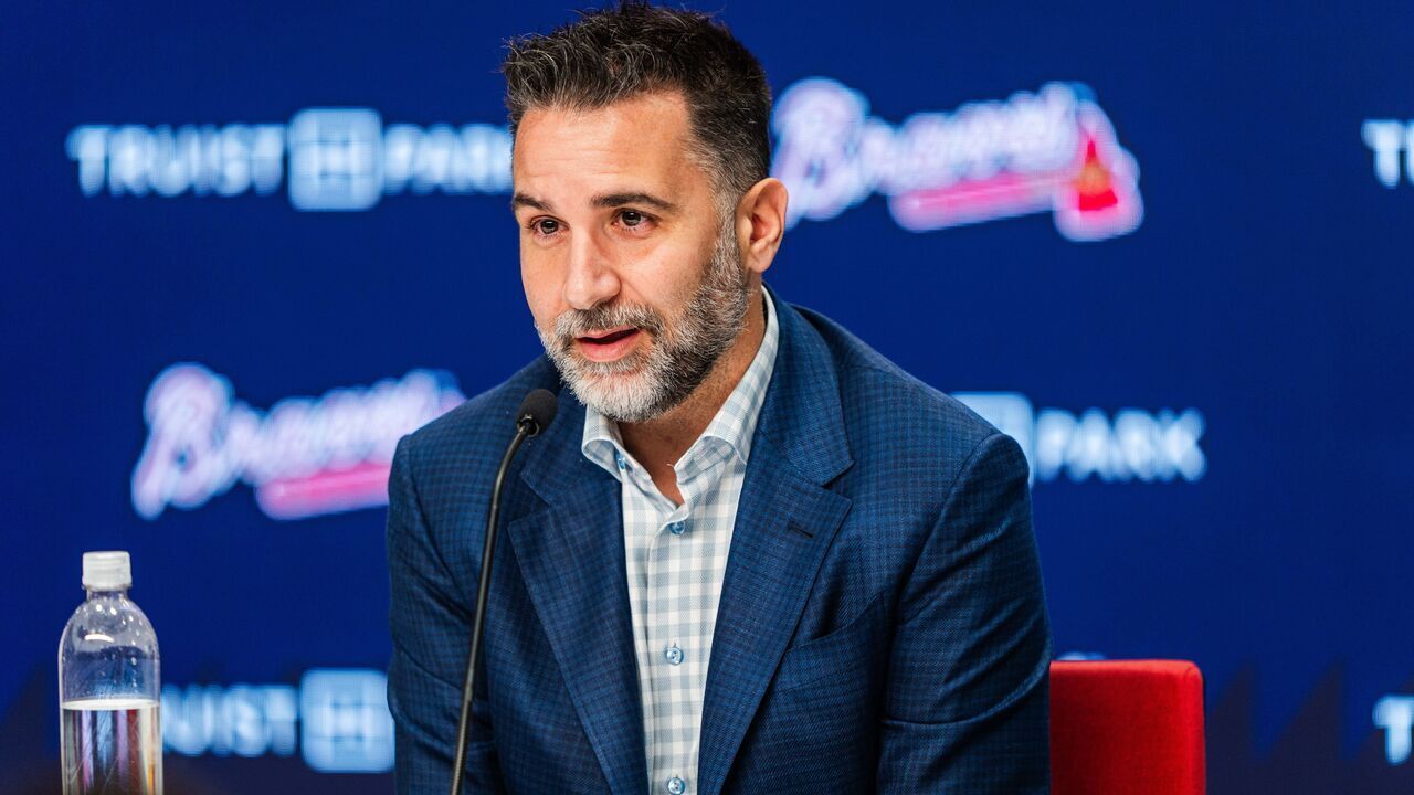 ATLANTA, GA - NOVEMBER 04: Alex Anthopoulos introduces Walt Weiss as the manager of the Atlanta Braves during a press conference at Truist Park on November 4, 2025 in Atlanta, Georgia.