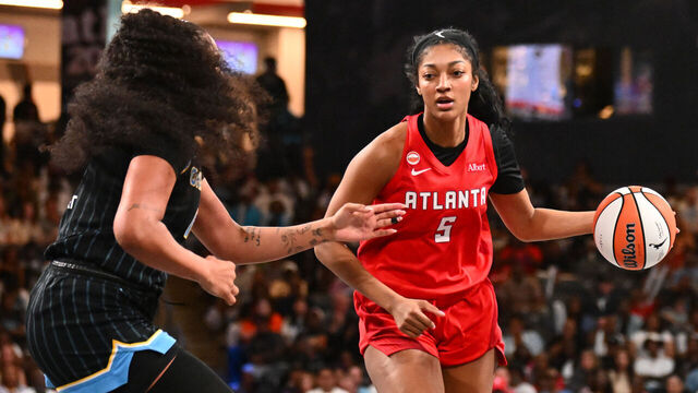 ATLANTA, GA - JULY 19: Angel Reese #5 of the Atlanta Dream looks to pass the ball during the game against the Chicago Sky on July 19, 2026 at Gateway Center Arena at College Park in Atlanta, Georgia. Mandatory Copyright Notice: Copyright 2026 NBAE