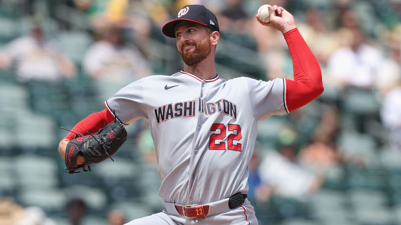 SACRAMENTO, CALIFORNIA - JULY 19: Foster Griffin #22 of the Washington Nationals pitches in the bottom of the first inning against the Athletics at Sutter Health Park on July 19, 2026 in Sacramento, California.