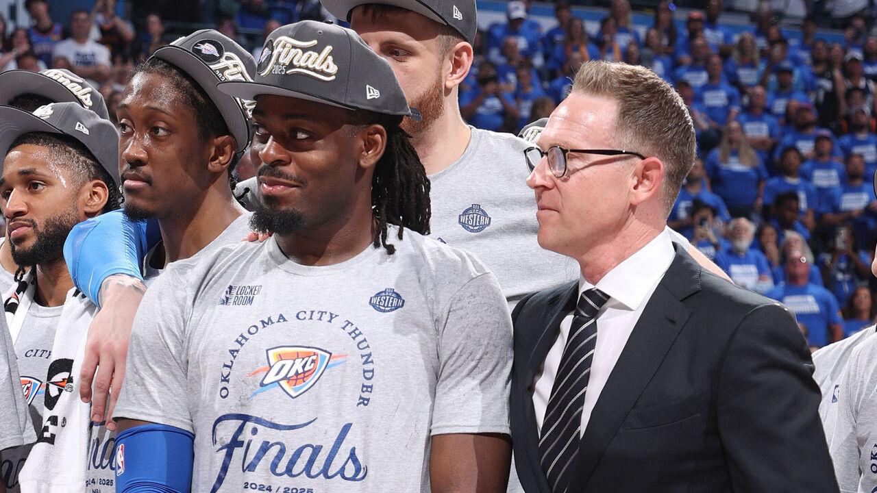 OKLAHOMA CITY, OK - MAY 28: Luguentz Dort #5 and General Manager Sam Presti of the Oklahoma City Thunder look on after the game against the Minnesota Timberwolves during Game 5 of the 2025 NBA Western Conference Finals on May 28, 2025 at Paycom Center in Oklahoma City, Oklahoma. Mandatory Copyright Notice: Copyright 2025 NBAE