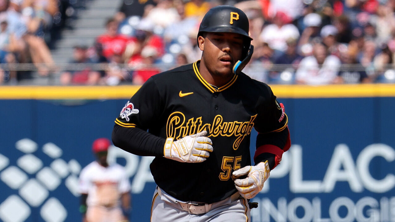 CLEVELAND, OH - JULY 19: Pittsburgh Pirates right fielder Esmerlyn Valdez (55) rounds the bases after hitting a 2-run home run during the ninth inning of the Major League Baseball interleague game between the Pittsburgh Pirates and Cleveland Guardians on July 19, 2026, at Progressive Field in Cleveland, OH.
