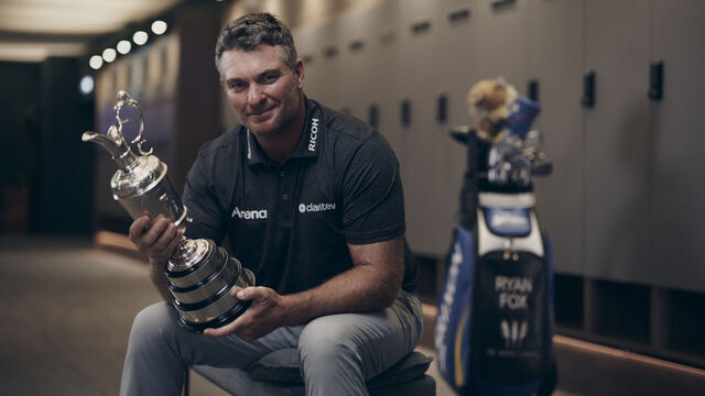SOUTHPORT, ENGLAND - JULY 19: (EDITORS NOTE: Image has been digitally enhanced.) Champion Golfer, Ryan Fox of New Zealand poses for a photo with the Claret Jug in the locker room following Day Four of the The 154th Open Championship at Royal Birkdale on July 19, 2026 in Southport, England.