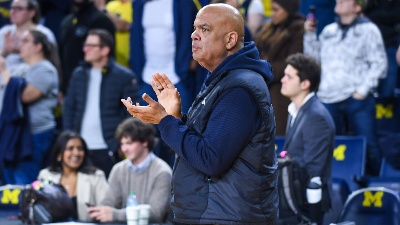 ANN ARBOR, MICHIGAN - MARCH 22: Athletic Director Warde Manuel of the Michigan Wolverines reacts after their NCAA Women's Basketball Tournament second round game against the NC State Wolfpack at Crisler Arena on March 22, 2026 in Ann Arbor, Michigan. The Michigan Wolverines won the game 92-63.
