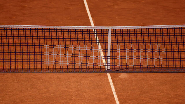MADRID, SPAIN - APRIL 27: A detail view of the net with the WTA Tour logo during the Women’s Singles Round of 16 match between Aryna Sabalenka and Naomi Osaka of Japan at Manolo Santana Stadium on day eight of the Mutua Madrid Open at La Caja Magica on April 27, 2026 in Madrid, Spain.