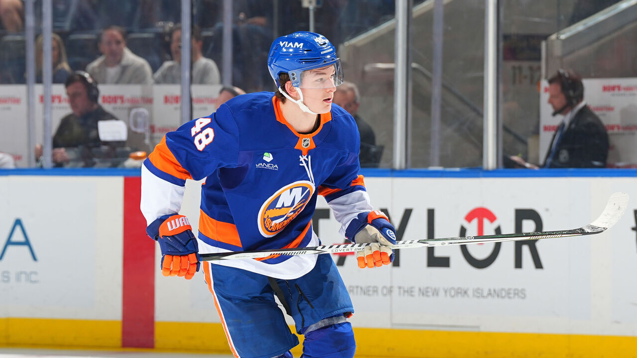 ELMONT, NY - APRIL 11: Matthew Schaefer #48 of the New York Islanders skates during the game against the Ottawa Senators on April 11, 2026 at the UBS Arena in Elmont, New York.