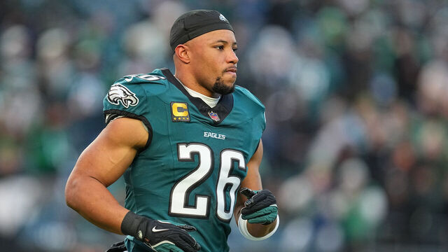 PHILADELPHIA, PENNSYLVANIA - JANUARY 11: Saquon Barkley #26 of the Philadelphia Eagles warms up prior to a game in the NFC Wild Card Playoff game against the San Francisco 49ers at Lincoln Financial Field on January 11, 2026 in Philadelphia, Pennsylvania.