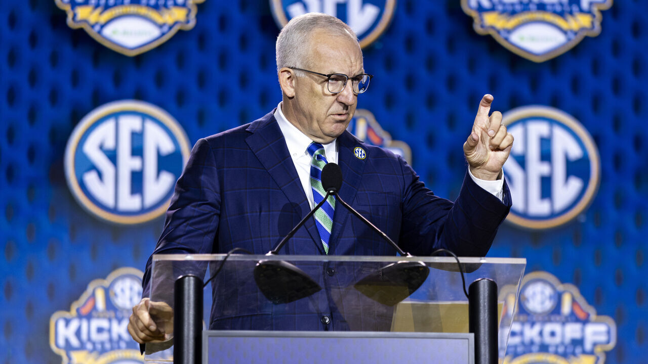 TAMPA, FLORIDA - JULY 20: SEC Commissioner Greg Sankey speaks at the SEC Football Media Day at Tampa Marriott Water Street on July 20, 2026 in Tampa, Florida.
