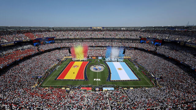 EAST RUTHERFORD, NEW JERSEY - JULY 19: Players and match officials line up before the FIFA World Cup 2026 Final match between Spain and Argentina at New York New Jersey Stadium on July 19, 2026 in East Rutherford, New Jersey.