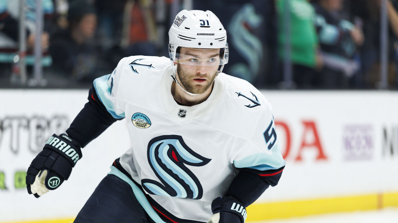 ANAHEIM, CALIFORNIA - FEBRUARY 3: Shane Wright #51 of the Seattle Kraken skates before the game against the Anaheim Ducks at Honda Center on February 3, 2026 in Anaheim, California.