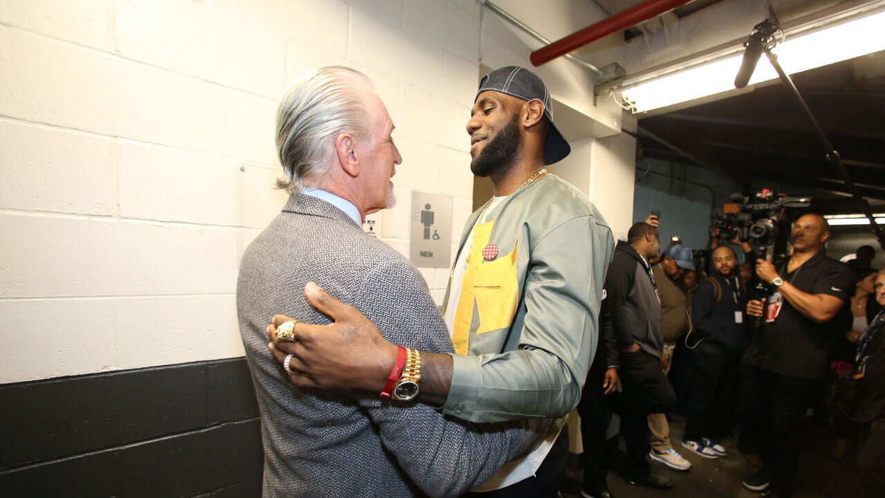 BROOKLYN, NY - APRIL 10: Miami Heat President Pat Riley hugs LeBron James #23 of the Los Angeles Lakers before the game between Miami Heat and Brooklyn Nets on April 10, 2019 at Barclays Center in Brooklyn, New York. Mandatory Copyright Notice: Copyright 2019 NBAE