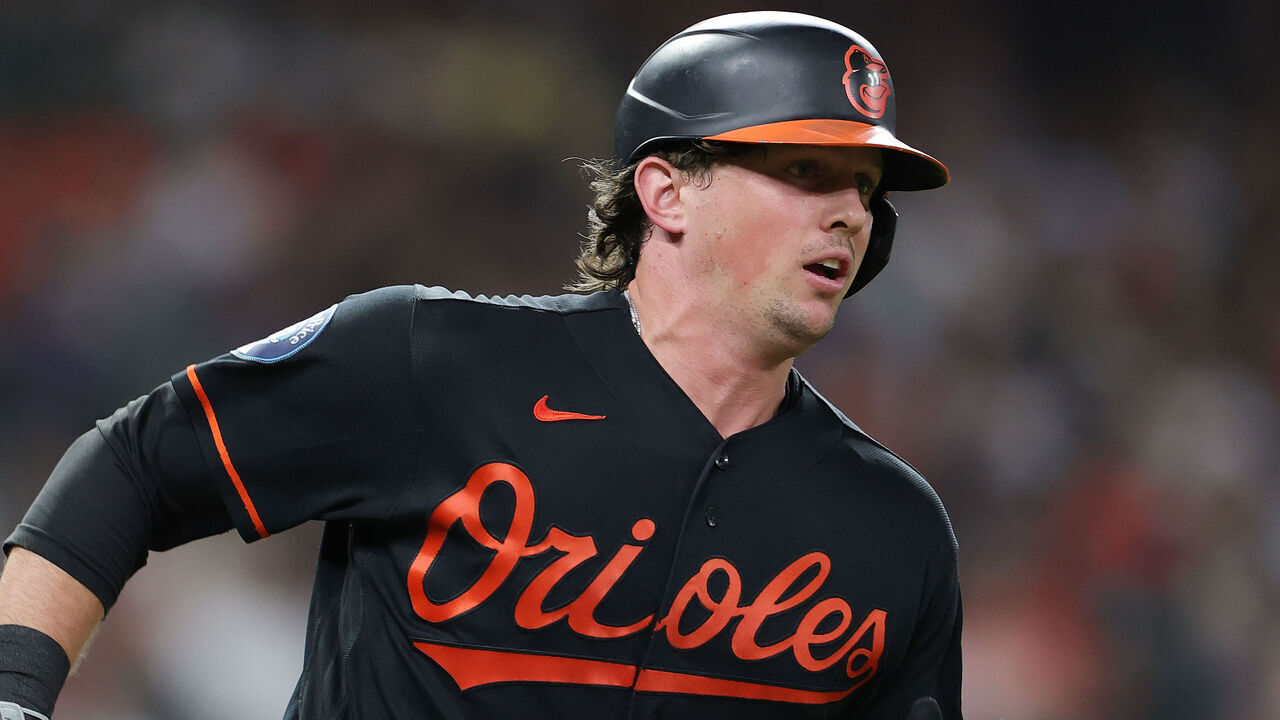 HOUSTON, TEXAS - JULY 17: Adley Rutschman #35 of the Baltimore Orioles runs after hitting a double during the eighth inning against the Houston Astros at Daikin Park on July 17, 2026 in Houston, Texas.