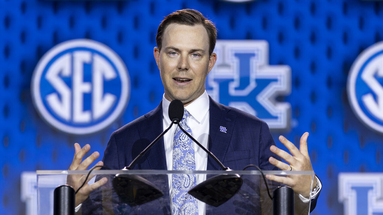 TAMPA, FLORIDA - JULY 20: Head Coach Will Stein of the Kentucky Wildcats speaks at the SEC Football Media Day at Tampa Marriott Water Street on July 20, 2026 in Tampa, Florida.