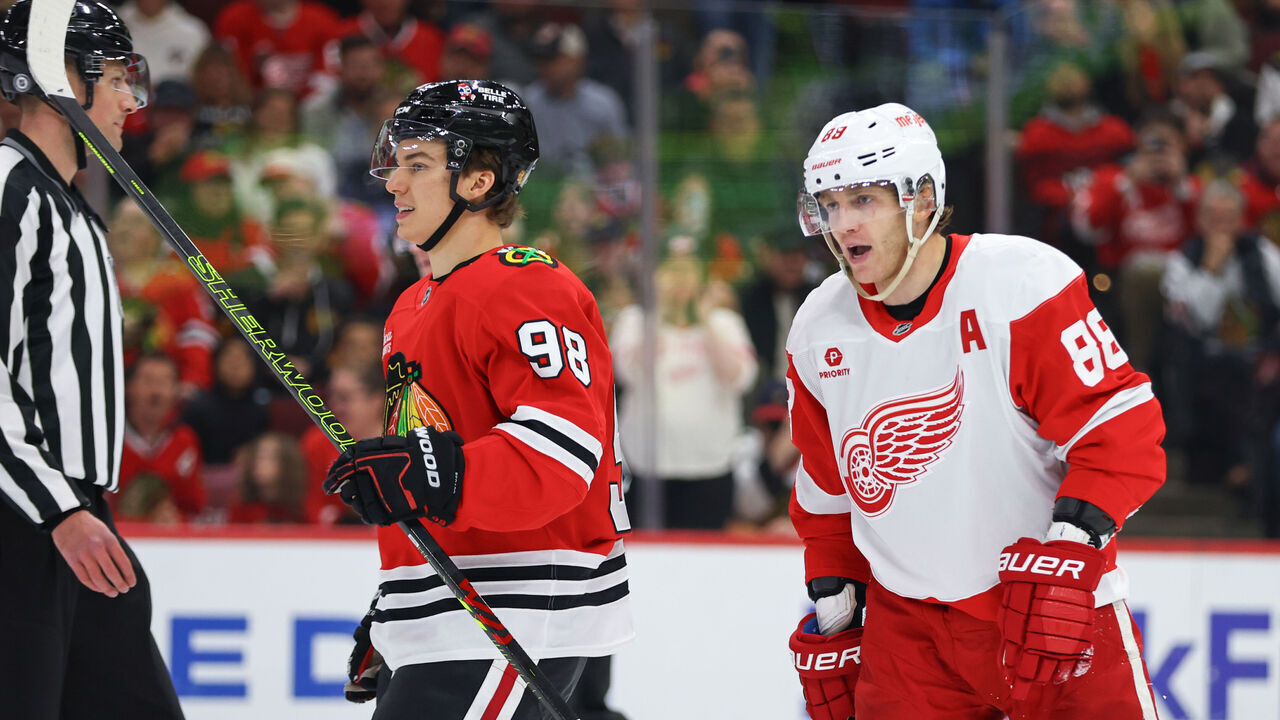 CHICAGO, IL - NOVEMBER 06: Chicago Blackhawks center Connor Bedard (98) and Detroit Red Wings right wing Patrick Kane (88) during the first period on November 6, 2024 at the United Center in Chicago, Illinois.
