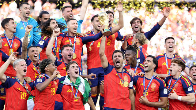 EAST RUTHERFORD, NEW JERSEY - JULY 19: Rodri #16 of Spain lifts the FIFA World Cup Winner’s Trophy after the team’s victory following during the FIFA World Cup 2026 Final match between Spain and Argentina at New York New Jersey Stadium on July 19, 2026 in East Rutherford, New Jersey.