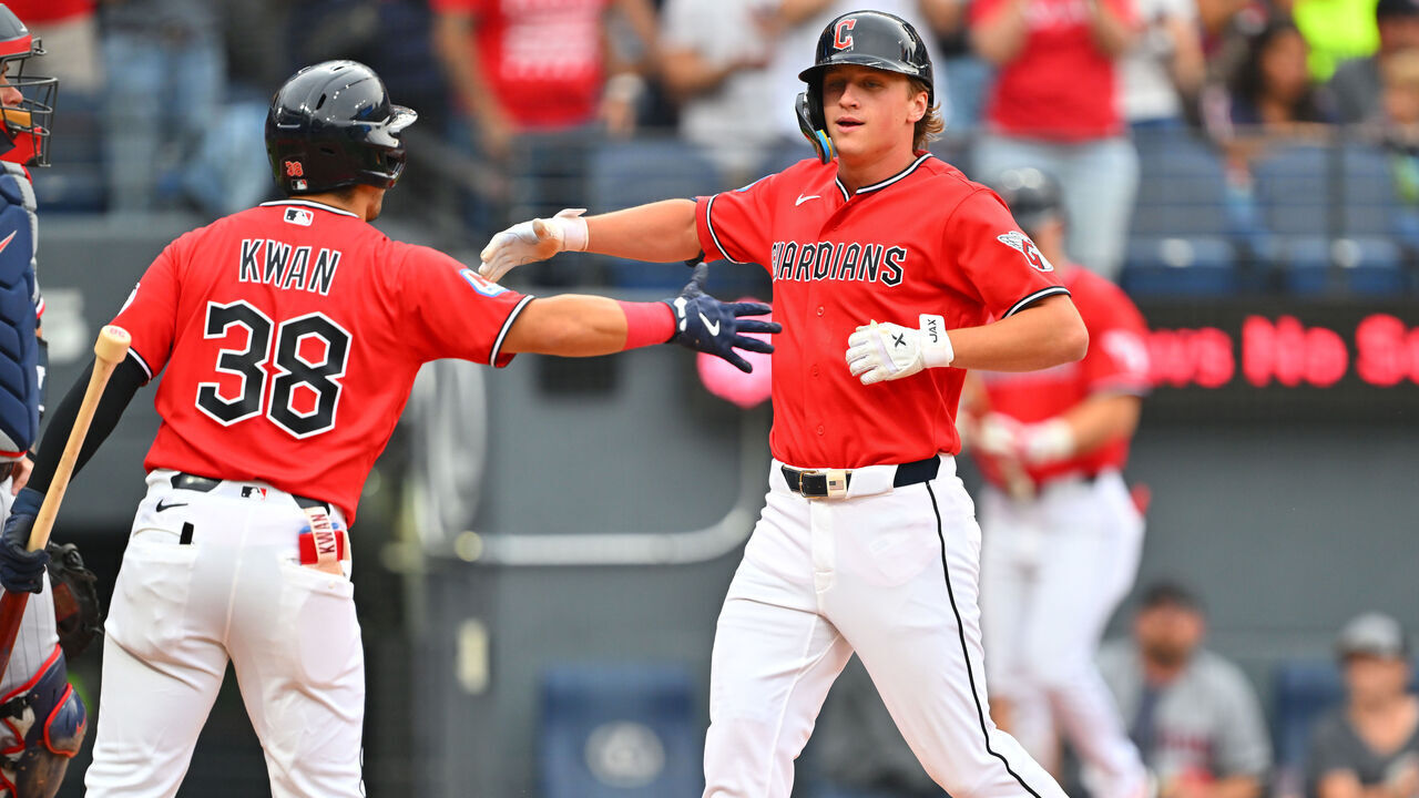 CLEVELAND, OHIO - JULY 20: Steven Kwan #38 of the Cleveland Guardians celebrates with Petey Halpin #0 after Halpin hit a two-run home run for his first major league home run during the second inning against the Minnesota Twins at Progressive Field on July 20, 2026 in Cleveland, Ohio.