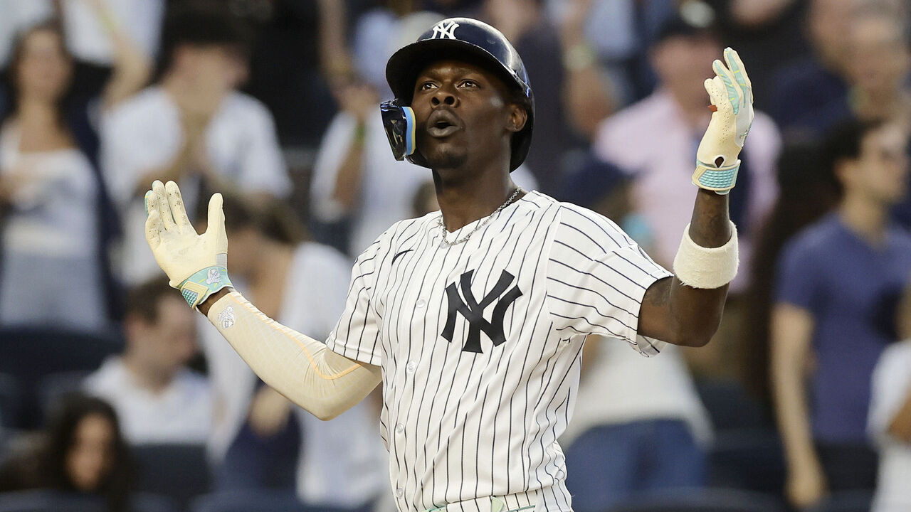 NEW YORK, NEW YORK - JULY 20: Jazz Chisholm Jr. #13 of the New York Yankees reacts as he runs the bases after his third inning two-run home run against the Pittsburgh Pirates at Yankee Stadium on July 20, 2026 in New York City.