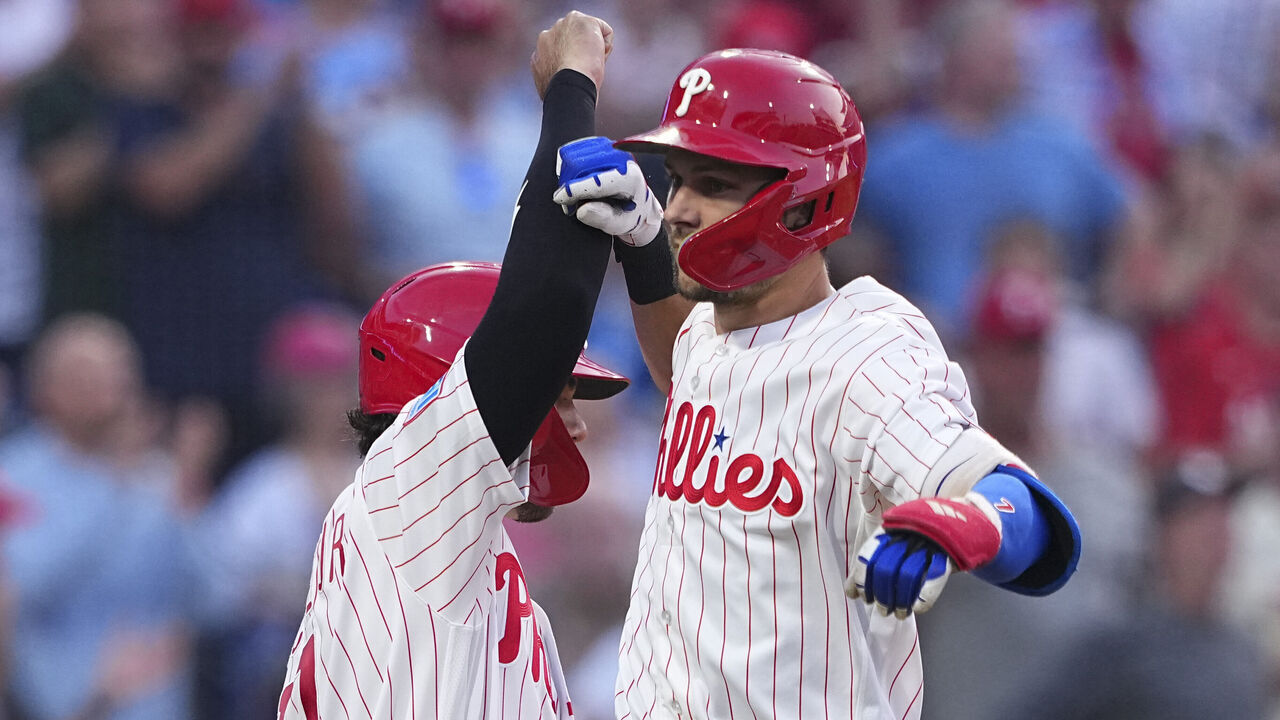 PHILADELPHIA, PENNSYLVANIA - JULY 20: Trea Turner #7 of the Philadelphia Phillies celebrates with Gabriel Rincones Jr. #17 after hitting a two-run home run in the bottom of the second inning against the Los Angeles Dodgers at Citizens Bank Park on July 20, 2026 in Philadelphia, Pennsylvania.