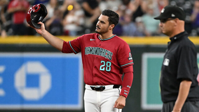 PHOENIX, ARIZONA - JULY 20: Nolan Arenado #28 of the Arizona Diamondbacks reacts after hitting a double against the Athletics during the fifth inning at Chase Field on July 20, 2026 in Phoenix, Arizona. It was Arenado's 2000th career MLB hit.
