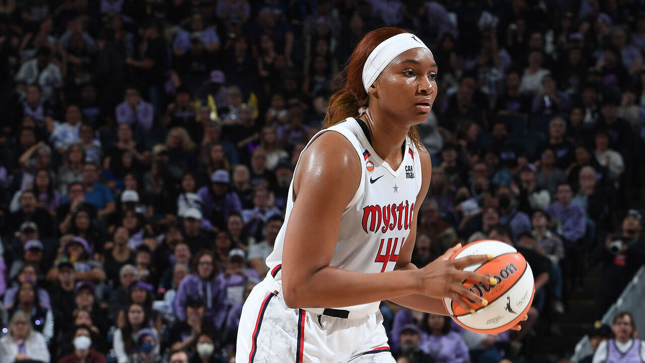 SAN FRANCISCO, CA - JULY 20: Kiki Iriafen #44 of the Washington Mystics looks to pass the ball during the game against the Golden State Valkyries on July 20, 2026 at Chase Center in San Francisco, California. NOTE TO USER: User expressly acknowledges and agrees that, by downloading and or using this photograph, user is consenting to the terms and conditions of Getty Images License Agreement. Mandatory Copyright Notice: Copyright 2026 NBAE