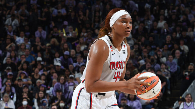 SAN FRANCISCO, CA - JULY 20: Kiki Iriafen #44 of the Washington Mystics looks to pass the ball during the game against the Golden State Valkyries on July 20, 2026 at Chase Center in San Francisco, California. NOTE TO USER: User expressly acknowledges and agrees that, by downloading and or using this photograph, user is consenting to the terms and conditions of Getty Images License Agreement. Mandatory Copyright Notice: Copyright 2026 NBAE