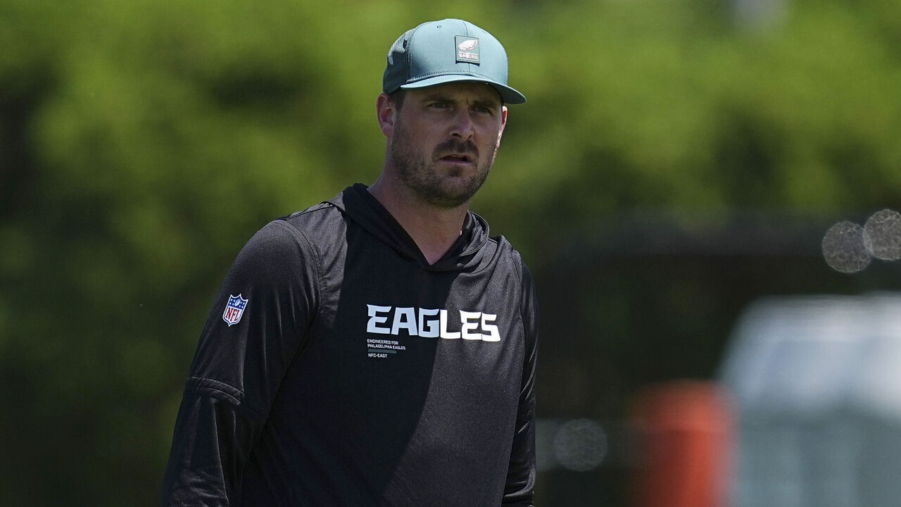 PHILADELPHIA, PENNSYLVANIA - JUNE 9: Offensive coordinator Sean Mannion of the Philadelphia Eagles looks on during mandatory minicamp at Jefferson Health Training Complex on June 9, 2026 in Philadelphia, Pennsylvania.