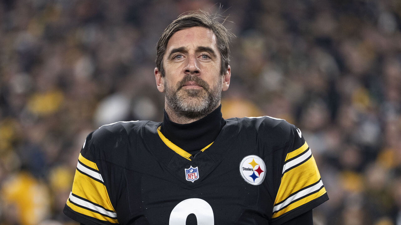 PITTSBURGH, PENNSYLVANIA - JANUARY 4: Aaron Rodgers #8 of the Pittsburgh Steelers looks on looks on during the national anthem prior to an NFL football game against the Baltimore Ravens at Acrisure Stadium on January 04, 2026 in Pittsburgh, Pennsylvania.