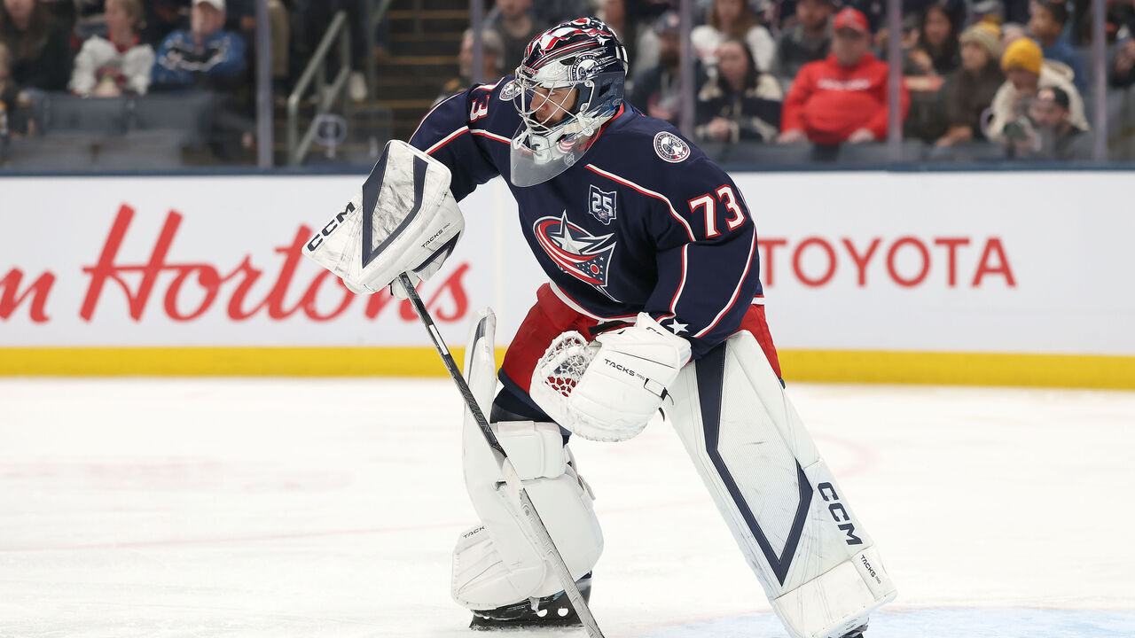 COLUMBUS, OHIO - APRIL 12: Jet Greaves #73 of the Columbus Blue Jackets controls the puck during the game against the the Boston Bruins at Nationwide Arena on April 12, 2026 in Columbus, Ohio.
