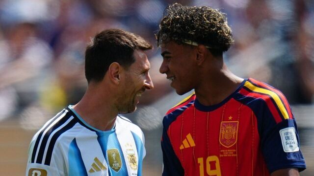 Lamine Yamal R of Spain and Lionel Messi of Argentina are seen during the final match between Spain and Argentina at the 2026 FIFA World Cup at the New York New Jersey Stadium, the United States, July 19, 2026.