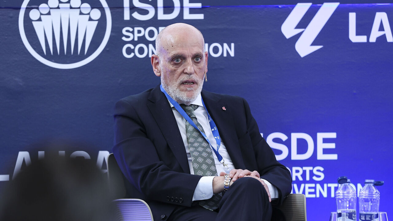 MADRID, SPAIN - MAY 21: Javier Tebas, president of LaLiga, participates in a discussion on “Technology, Piracy, and Artificial Intelligence in Sports” during the ISDE Sports Convention at the Official College of Architects of Madrid on May 21, 2026, in Madrid, Spain.