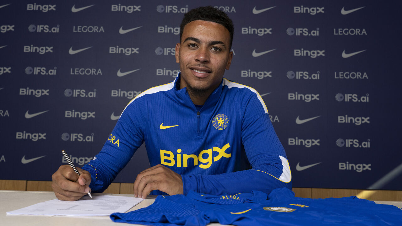 COBHAM, ENGLAND - JULY 21: Chelsea FC Unveil New Signing Morgan Rogers at Chelsea Training Ground on July 21, 2026 in Cobham, England.