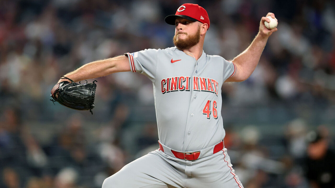NEW YORK, NY - JUNE 19: Caleb Ferguson #46 of the Cincinnati Reds pitches during the game between the Cincinnati Reds and the New York Yankees at Yankee Stadium on Friday, June 19, 2026 in New York, New York.