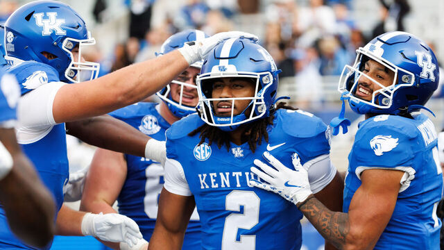 LEXINGTON, KENTUCKY - NOVEMBER 15: Dante Dowdell #2 of the Kentucky Wildcats celebrates a touchdown in the second half against the Tennessee Tech Golden Eagles at Kroger Field on November 15, 2025 in Lexington, Kentucky.
