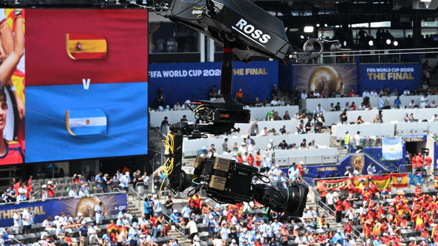 EAST RUTHERFORD, NEW JERSEY - JULY 19: A Ross Video Spidercam Cable-Suspended Camera System prior to the FIFA World Cup 2026 Final match between Spain and Argentina at New York New Jersey Stadium on July 19, 2026 in East Rutherford, New Jersey.