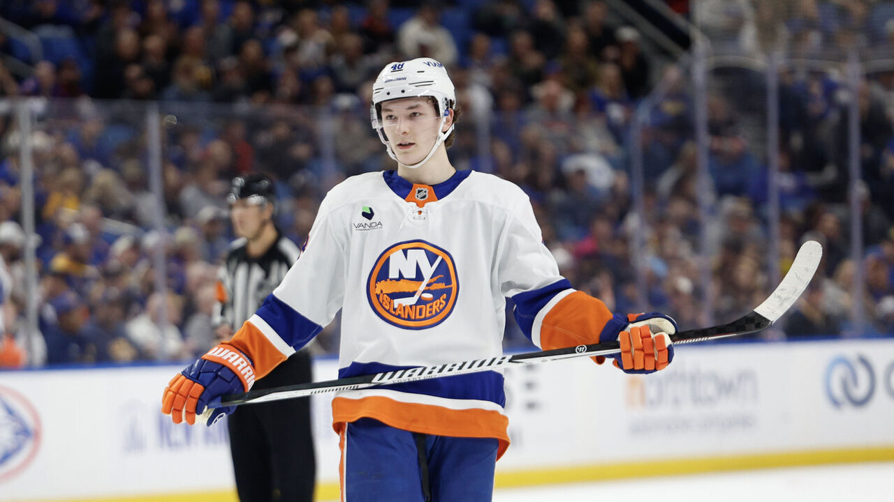 BUFFALO, NEW YORK - MARCH 31: Matthew Schaefer #48 of the New York Islanders skates during the third period against the Buffalo Sabres at KeyBank Center on March 31, 2026 in Buffalo, New York.