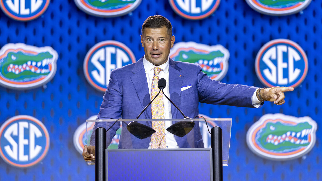 TAMPA, FLORIDA - JULY 22: Head Coach Jon Sumrall of the Florida Gators speaks at SEC Football Kickoff Media Day at Tampa Marriott Water Street on July 22, 2026 in Tampa, Florida.