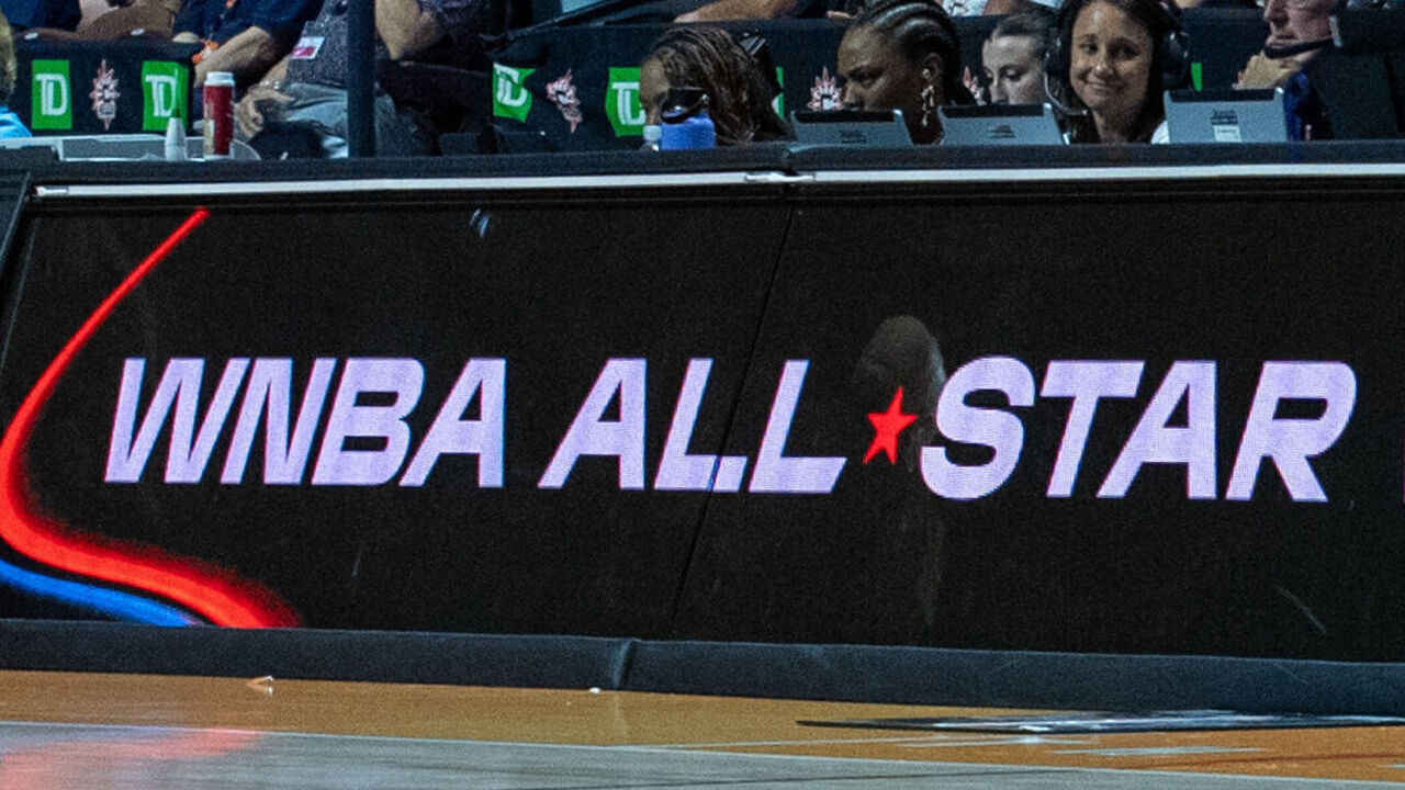 UNCASVILLE, CT - JUNE 13: An advertisement for WNBA All-Star Voting to vote daily in the WNBA App is shown on the scorer's table during the WNBA game between the Indiana Fever and the Connecticut Sun on June 13, 2026 at Mohegan Sun Arena in Uncasville, CT.
