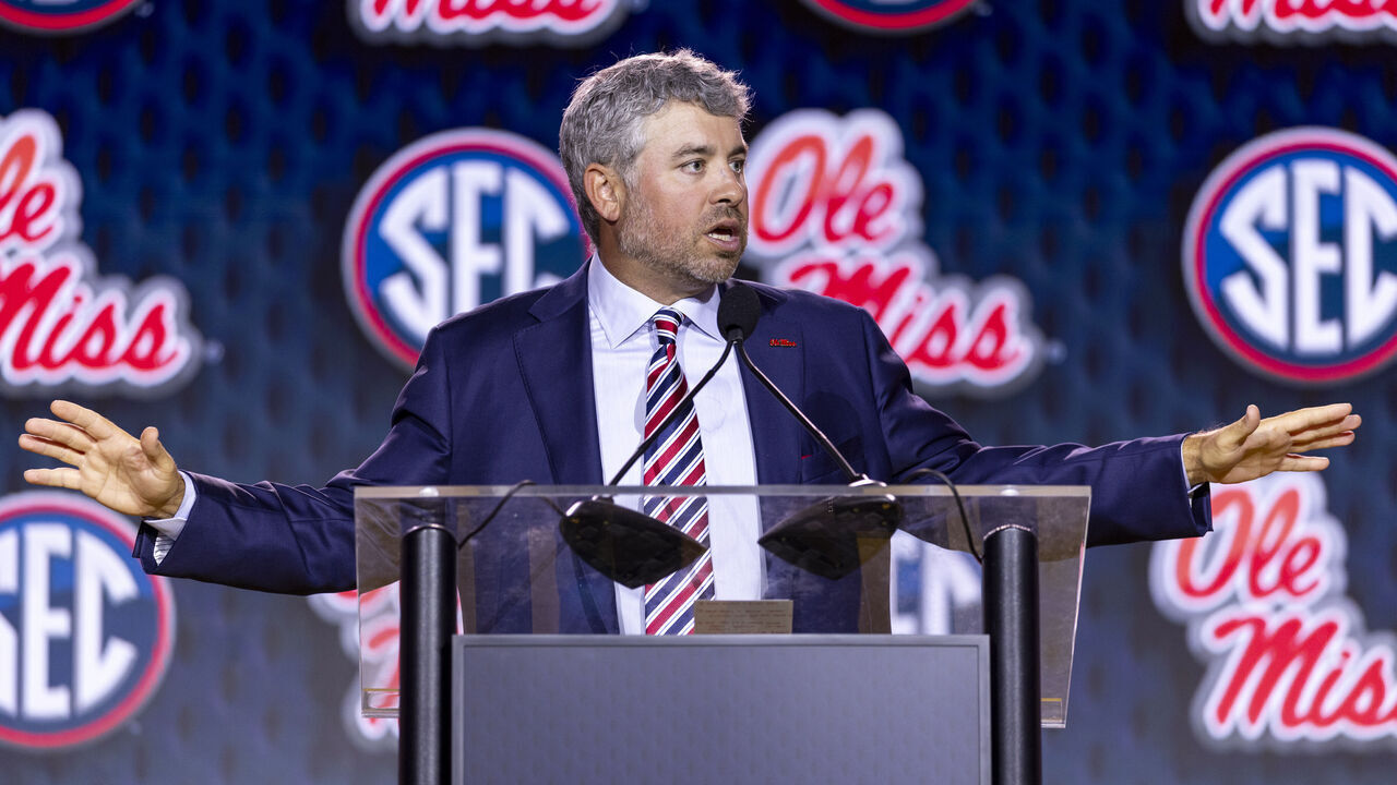 TAMPA, FLORIDA - JULY 22: Head Coach Pete Golding of the Ole Miss Rebels speaks at SEC Football Kickoff Media Day at Tampa Marriott Water Street on July 22, 2026 in Tampa, Florida.