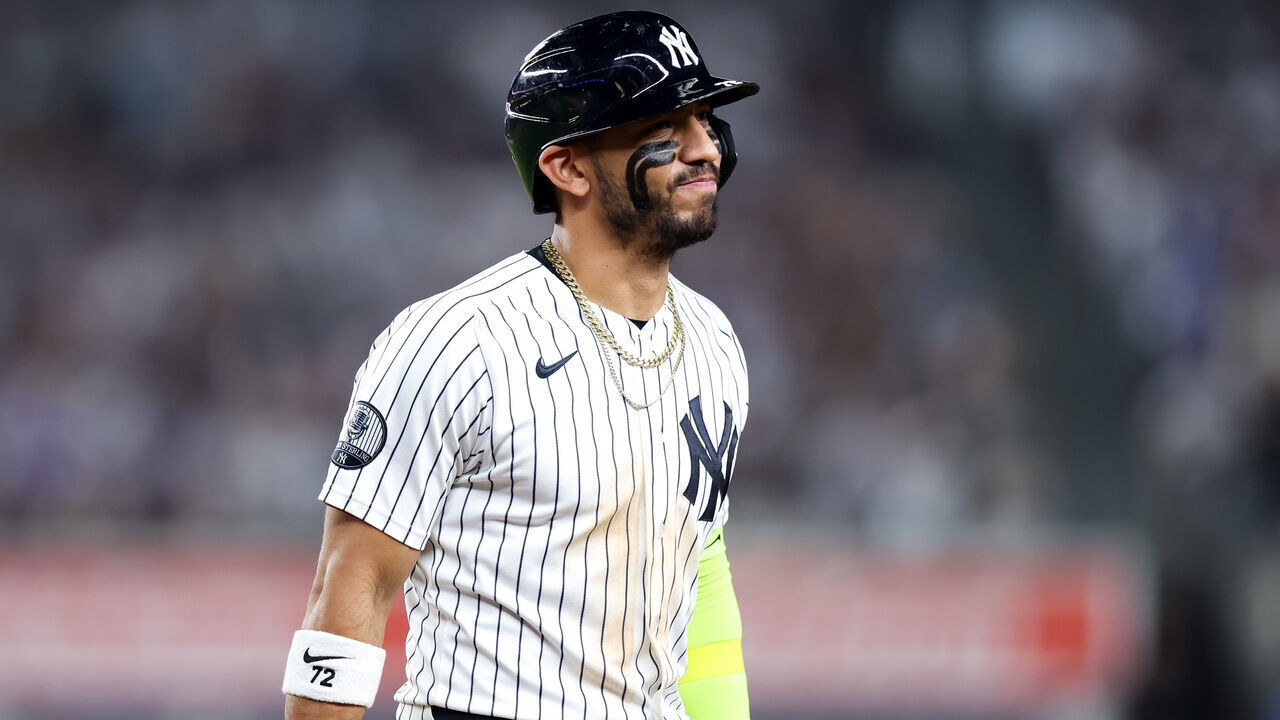 NEW YORK, NEW YORK - JULY 17: Jose Caballero #72 of the New York Yankees looks on after flying out to center field during the seventh inning against the Los Angeles Dodgers at Yankee Stadium on July 17, 2026 in New York City.