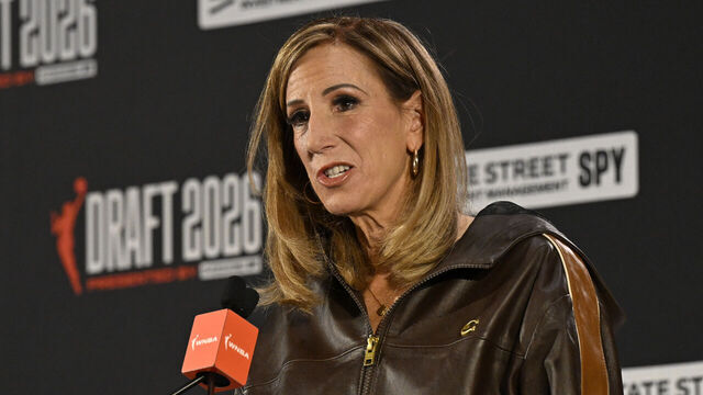 NEW YORK, NY - APRIL 13: WNBA Commissioner Cathy Engelbert speaks at her press conference before the 2026 WNBA Draft on April 13, 2026 at The Shed in New York City, New York. Mandatory Copyright Notice: Copyright 2026 NBAE