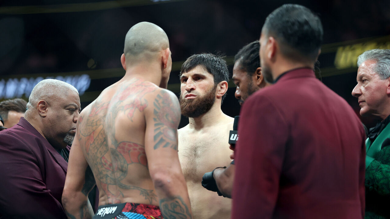 LAS VEGAS, NEVADA - OCTOBER 04: Magomed Ankalaev looks on prior to a light heavyweight title bout against Alex Pereira of Brazil in UFC 320: Ankalaev vs Pereira 2 at T-Mobile Arena on October 04, 2025 in Las Vegas, Nevada.
