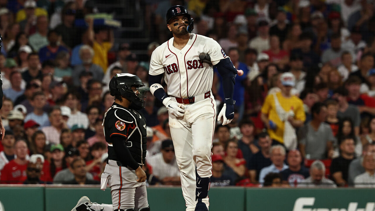 BOSTON, MA - JULY 22: Carlos Narváez #75 of the Boston Red Sox heads for the dugout after striking out against the Baltimore Orioles during the fifth inning of game two of the doubleheader at Fenway Park on July 22, 2026 in Boston, Massachusetts.
