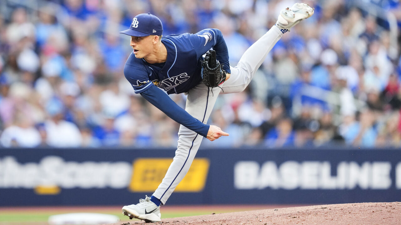 TORONTO, CANADA - JULY 22: Griffin Jax #22 of the Tampa Bay Rays pitches against the Toronto Blue Jays during the first inning in their MLB game at the Rogers Centre on July 22, 2026 in Toronto, Ontario, Canada.