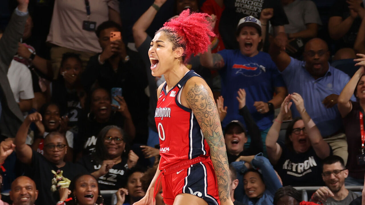 WASHINGTON, D.C. - JULY 22: Shakira Austin #0 of the Washington Mystics celebrates during the game against the Las Vegas Aces on July 22, 2026 at Entertainment and Sports Arena in Washington, D.C. Mandatory Copyright Notice: Copyright 2026 NBAE